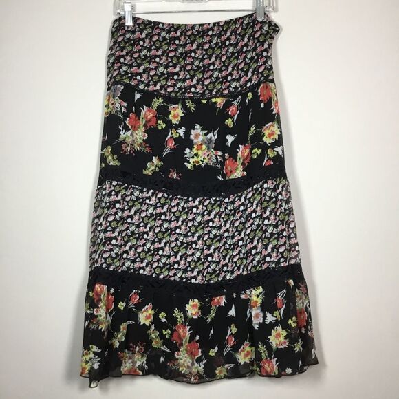 Black maxi skirt with sheer and lace horizontal tiers over lining flowery Sz PL - Picture 1 of 8